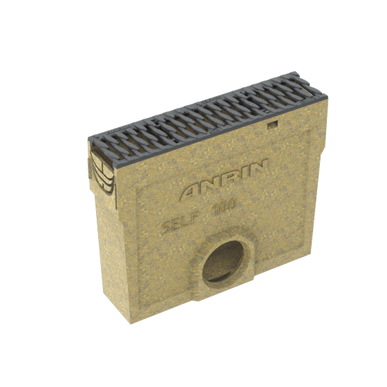 Einlaufkasten a. Polymerbeton NW100 mit Guss-Stegrost und Schmutzfangeimer.